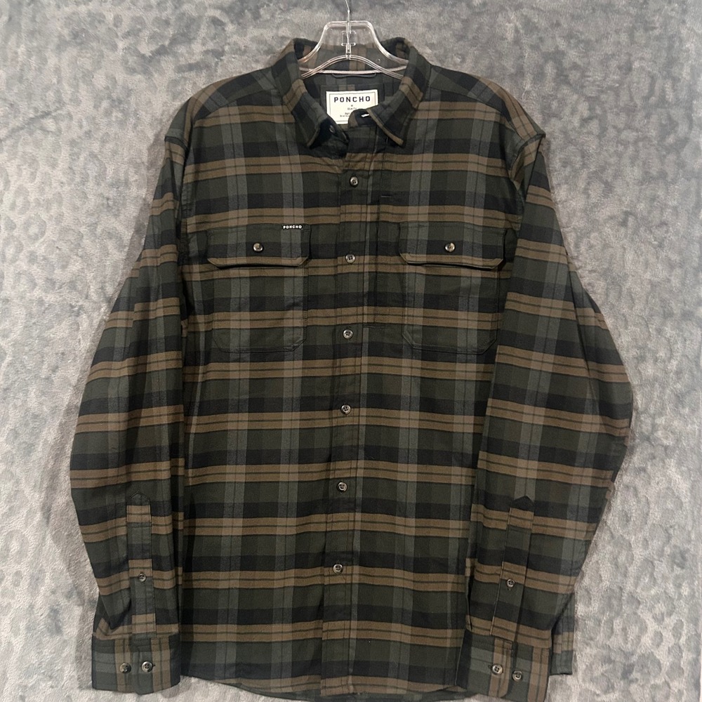 Poncho Outdoors Slim Fit Plaid Flannel Shirt Green Brown Magnetic Pockets Mens M
